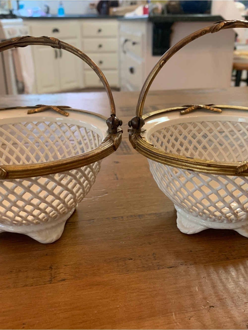 Max Roesler Rodach Antique White Porcelain Lattice Basket with Gold Handle Set
